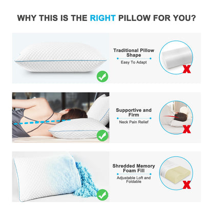 VVZ Cooling Shredded Memory Foam Pillows Queen Size 2 Pack, Adjustable Firm Bed Pillows for Side Back Stomach Sleepers, Luxury Gel Pillow for Hot Sleepers with Breathable Washable Cover - Available at All In One Marketplace Canada