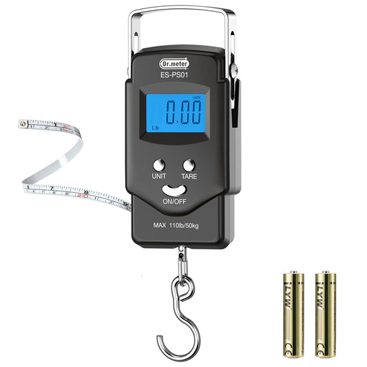 Fish Scale, Dr.meter 110lb/50kg Backlit LCD Display Digital Scale with Built-in Measuring Tape - Electronic Fishing Postal Hanging Hook Scale with 2 AAA Batteries, Pocket Size, Fishing Gifts for Man - Available at All In One Marketplace Canada