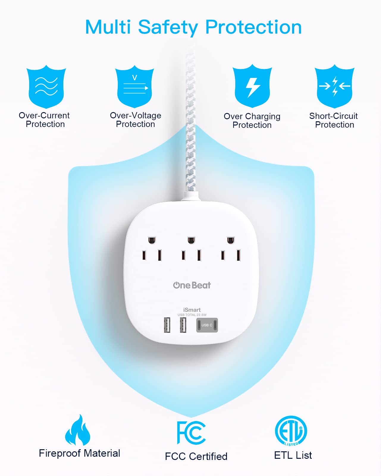 One Beat Flat Plug Power Bar with USB C, 6FT Ultra-Thin Extension Cord, 3 Outlet with 4 USB Ports (2 USB C) Desktop Charging Station, No Surge Protection for Cruise Ship, Travel Essentials, Dorm Room