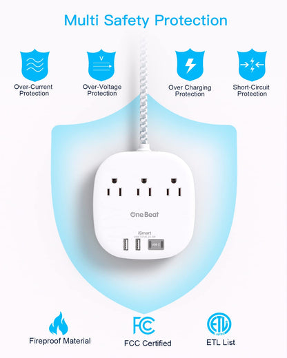 One Beat Flat Plug Power Bar with USB C, 6FT Ultra-Thin Extension Cord, 3 Outlet with 4 USB Ports (2 USB C) Desktop Charging Station, No Surge Protection for Cruise Ship, Travel Essentials, Dorm Room
