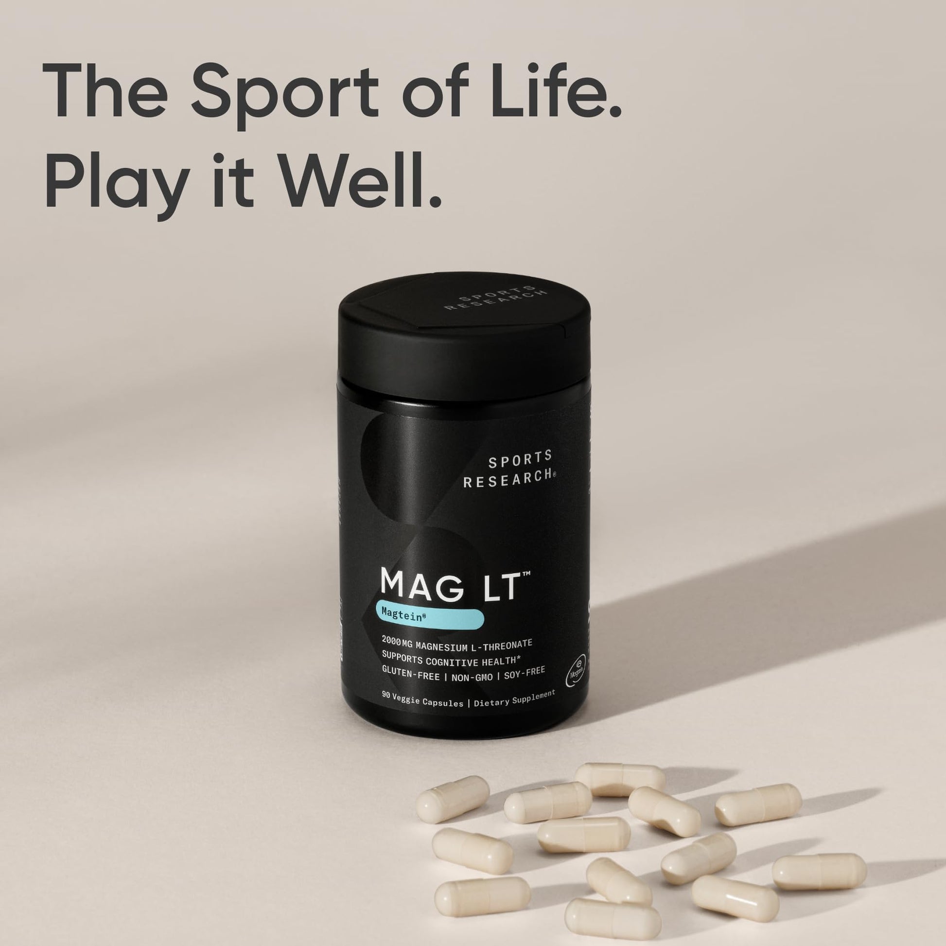 Sports Research® Magtein Magnesium L-Threonate Capsules - Magnesium Supplement for Memory, Focus & Cognition - 144mg Elemental Magnesium per Dose - Supports Sleep & Mood, 90 Capsules for Adults - Available at All In One Marketplace Canada