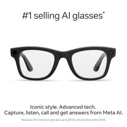 Ray-Ban Meta (Gen 2); Wayfarer; Matte Black | Smart AI Glasses for Men; Women — 2X Battery Life — 3K Ultra HD Resolution and 12 MP Wide Camera; Audio; Video — Clear Lenses — Wearable Technology