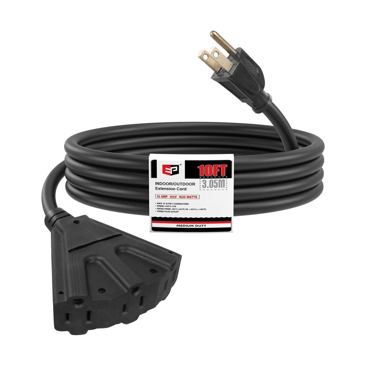 EP 10 Ft Outdoor Extension Cord with 3 Electrical Power Outlets - 16/3 SJTW Black Cable with 3 Prong Grounded Plug for Safety Great for Christmas Lights, Garden and Major Appliances 🍁 All In One Marketplace Canada