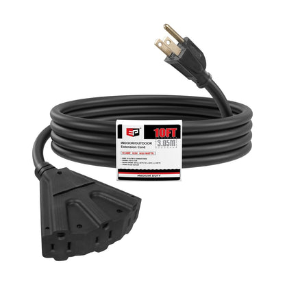 EP 10 Ft Outdoor Extension Cord with 3 Electrical Power Outlets - 16/3 SJTW Black Cable with 3 Prong Grounded Plug for Safety Great for Christmas Lights, Garden and Major Appliances 🍁 All In One Marketplace Canada