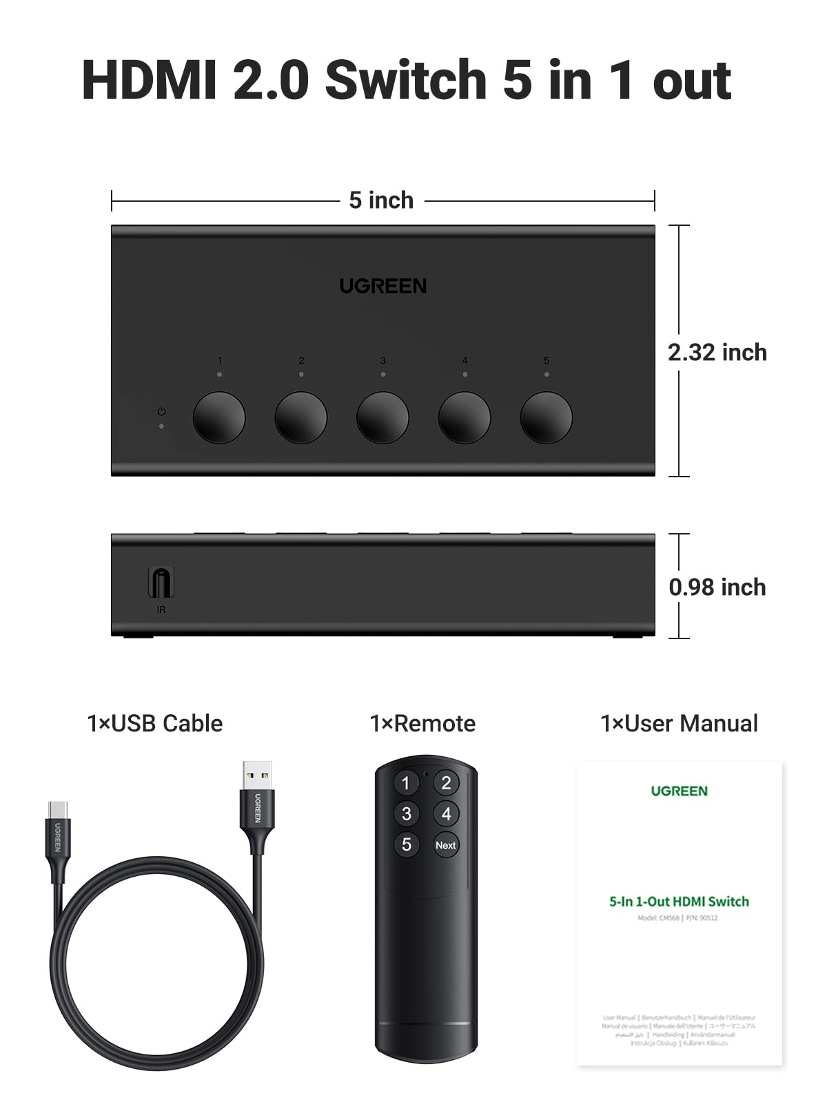 UGREEN HDMI Switch 5 in 1 Out 4K@60Hz, HDMI 2.0 Switcher 5 Port with IR Remote Selector Box 4K HDR 3D Dolby Vision Atmos CEC HDCP2.2, Compatible with PS5 4 3 Xbox Switch TV Black