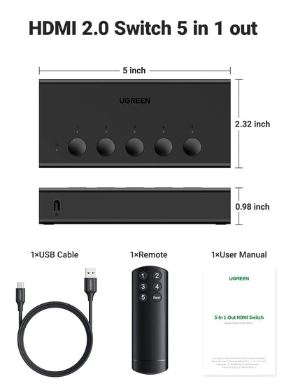 UGREEN HDMI Switch 5 in 1 Out 4K@60Hz, HDMI 2.0 Switcher 5 Port with IR Remote Selector Box 4K HDR 3D Dolby Vision Atmos CEC HDCP2.2, Compatible with PS5 4 3 Xbox Switch TV Black
