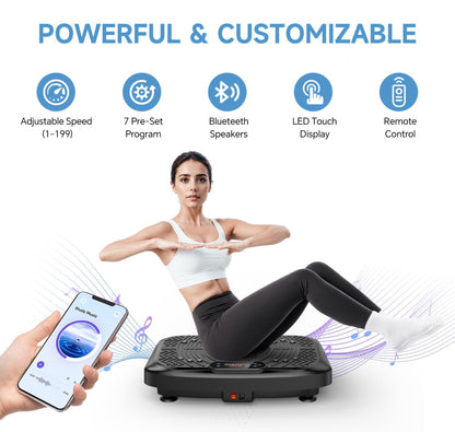 Vibration Plate Exercise Machine,Vibration Plate Machine 199 Adjustable Speed,Vibrating Plate Exercise Machine Automatic Mode P1-P7,Vibration Platform with Bluetooth 450 Lbs Capacity(Raven Black)