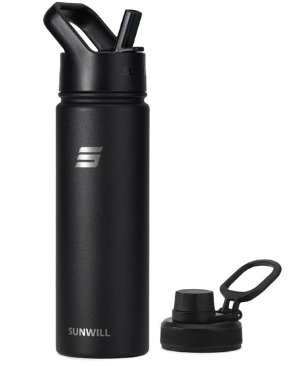 SUNWILL Metal Water Bottle with Straw 22 oz, Stainless Steel Insulated Flask for Cold and Hot Drink, Travel, Sports, Gym, Powder Coated Black