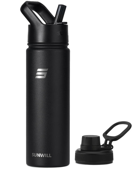 SUNWILL Metal Water Bottle with Straw 22 oz, Stainless Steel Insulated Flask for Cold and Hot Drink, Travel, Sports, Gym, Powder Coated Black