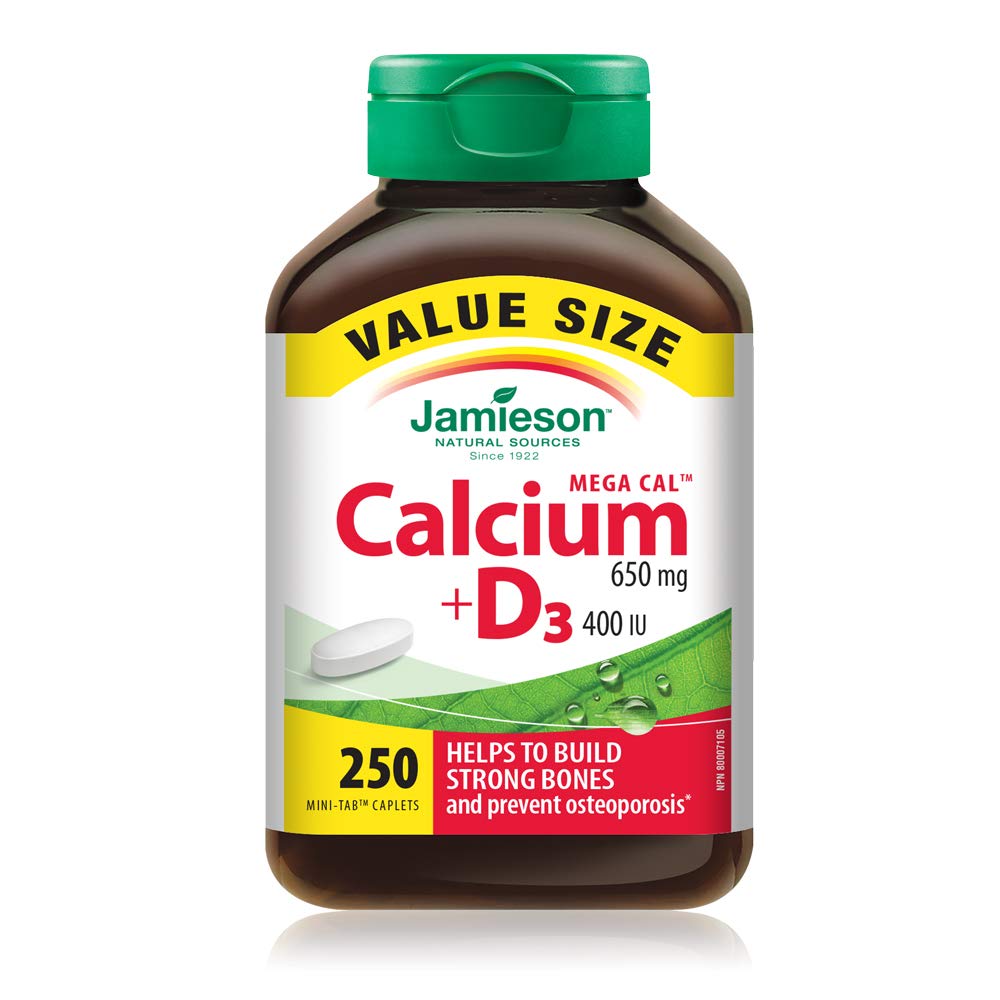 Jamieson Mega Cal Calcium 650 mg with Vitamin D3 400 IU, High Absorption, 5 Calcium Sources, Supports Bone Health, Helps Prevent Osteoporosis and Prevent Bone Loss. Easy to Swallow, Vegetarian, Non-GMO, Gluten-Free, 250 Caplets, Proudly Canadian Jamieson