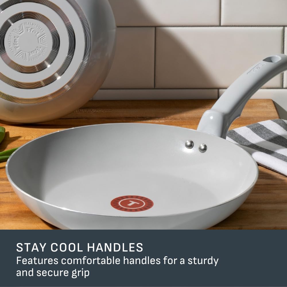 T-FAL Refresh Ceramic Nonstick Fry Pan Set, 2 Pieces, 8 Inch (20 cm) & 10 Inch (26 cm), Eco-Friendly, Durable for Healthy Cooking, Moon Grey T-Fal