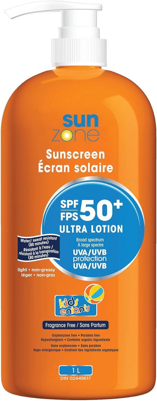 Sunzone | SUNSCREEN SPF 50+ Ultra Lotion | Broad Spectrum UVA/UVB Protection | Light, Non-Greasy, Water resistant (80 minutes) | Fragrance Free | 1L Bottle with pump | MADE IN CANADA - Available at All In One Marketplace Canada