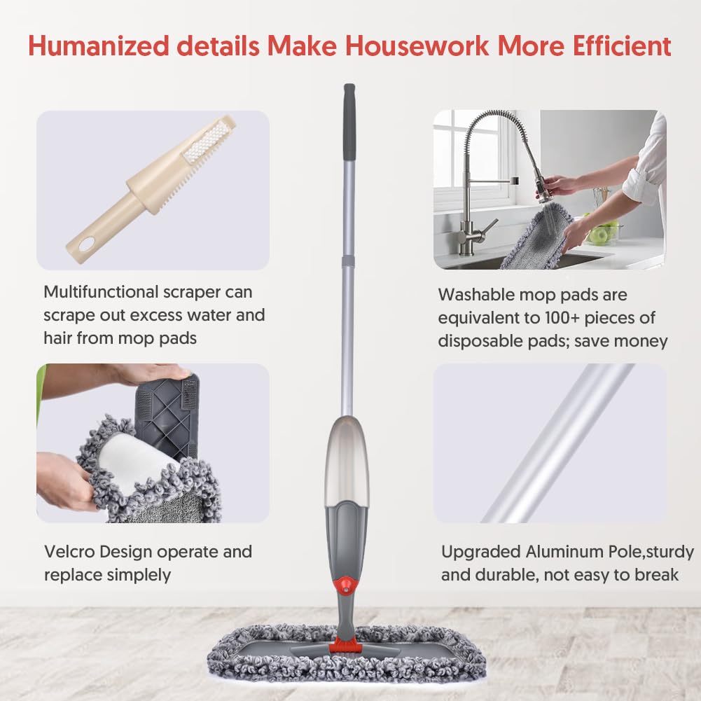 Spray Mop for Floor Cleaning, Domi-patrol Microfiber Floor Mop Dry Wet Mop Spray with 3 Washable Mop Pads & Refillable Bottle, Dust Cleaning Mop for Hardwood Laminate Tile Floors, Gray - Available at All In One Marketplace Canada