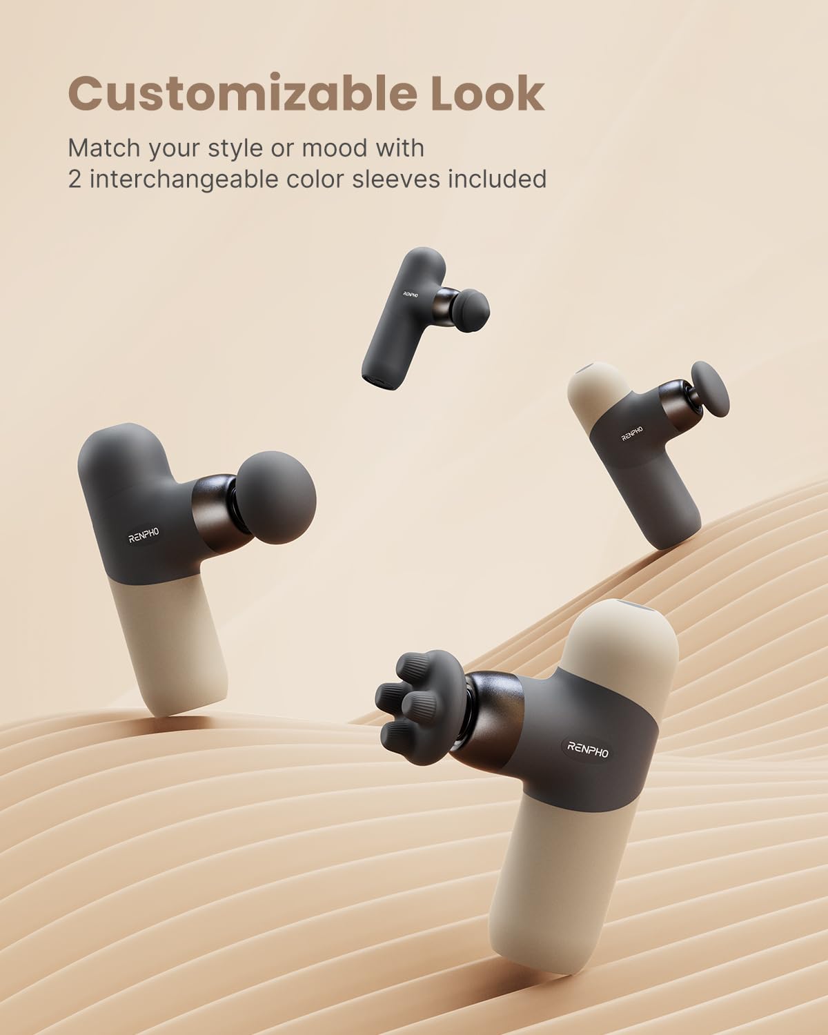RENPHO Mini Thermal Massage Gun with Heat, Fathers Day Present, Portable Fashion Massager Gun, Color Silicone Sleeves, 4 Intensities, 4 Heads, Travel Size with Carry Case Grey - Available at All In One Marketplace Canada