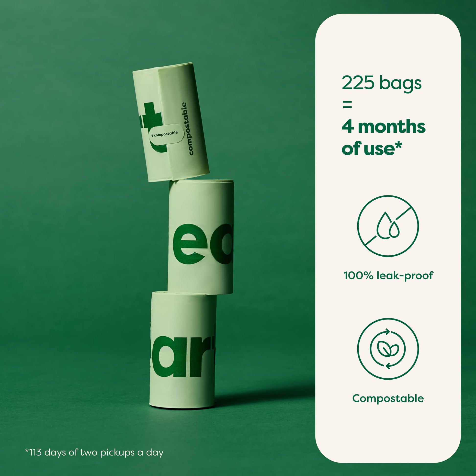 Earth Rated Compostable Dog Poop Bags, Ultra Thick and Leak Proof, Unscented, 225 Count