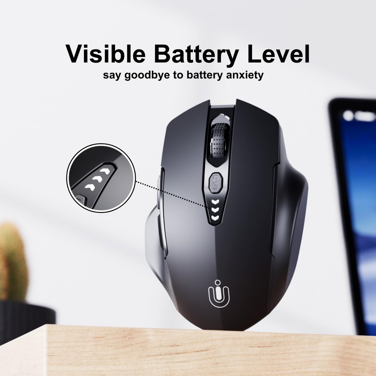 Bluetooth Mouse,[Upgraded] Wireless Mouse Rechargeable,Tri-Mode (BT 5.0/4.0+2.4G Hz),Computer Mouse with Visible Battery Level, 4 Adjustable DPI, Portable PC Mouse for MacBook Chromebook,Black