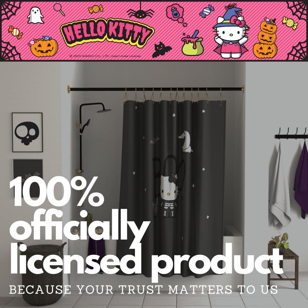 Ensemble de rideau de douche Hello Kitty squelette d'Halloween Sanrio de 13 pièces, rideau en tissu de 183 x 183 cm avec crochets, décoration de salle de bain, lavable en machine (produit sous licence officielle à 100 %) par Franco Collectibles