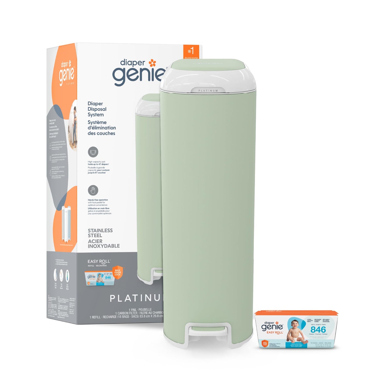 Diaper Genie Platinum Pail with Easy Roll Refill 18 bags, Stainless Steel 🍁 All In One Marketplace Canada
