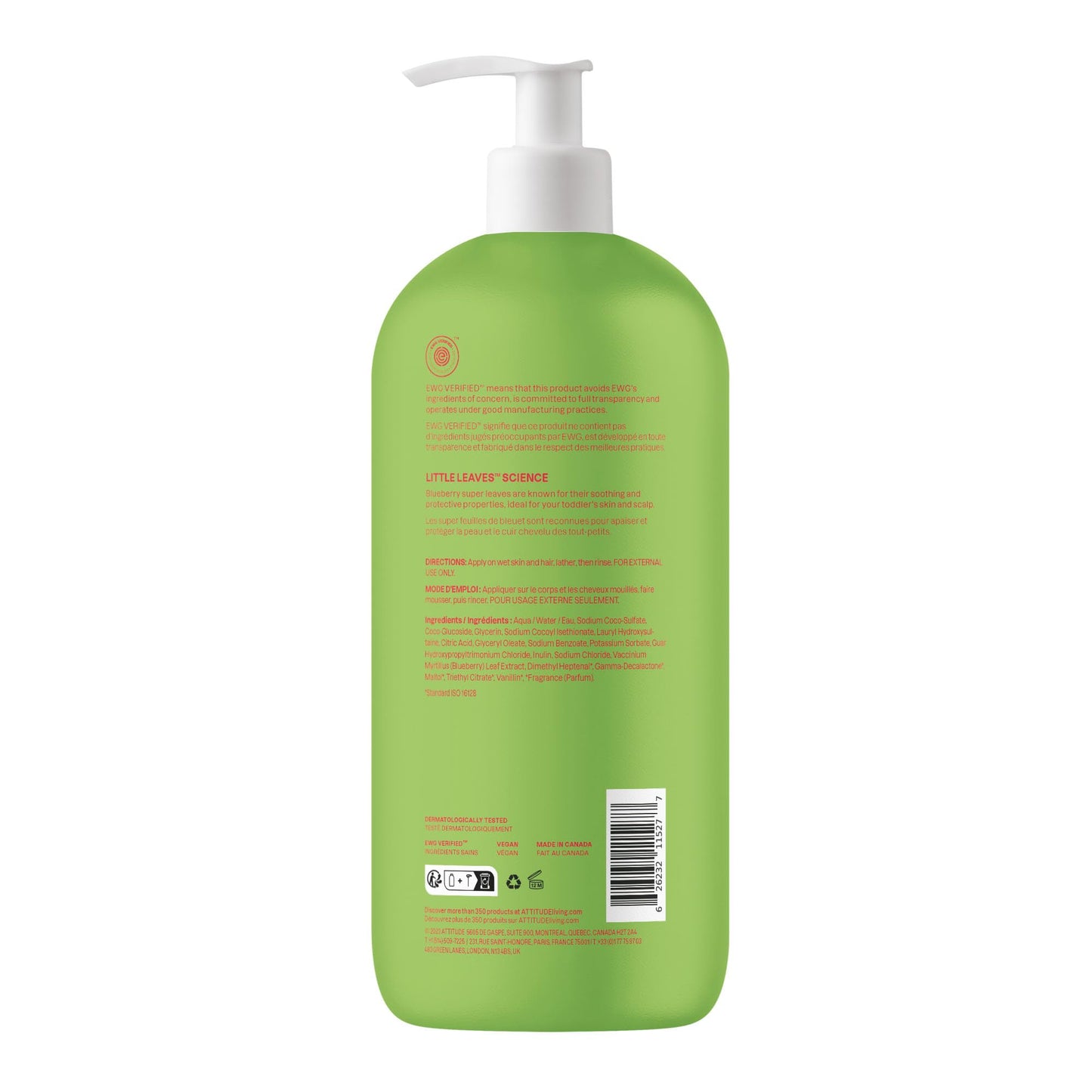 ATTITUDE Shampoo and Body Wash for Kids, Made in Canada, EWG Verified, Dermatologically Tested, Plant- and Mineral-Based Ingredients, Vegan, Watermelon and Coco, 946 mL