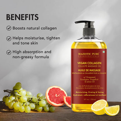 MAJESTIC PURE Cellulite Massage Oil - with Vegan Collagen & Stem Cells, Unique Blend of Massage Essential Oils - Cellulite Oil Improves Skin Tightening and Firming, 8 fl oz