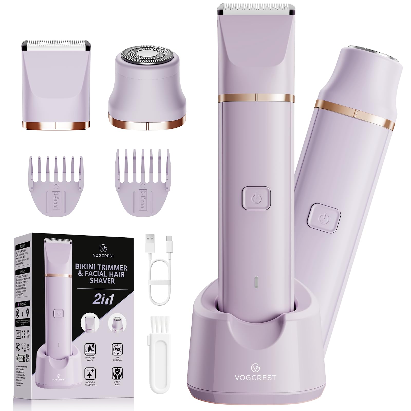 VG VOGCREST Bikini Trimmer for Women: 2-in-1 Painless Body Shaver for Underarm Leg Arm - Portable Travel Friendly Pubic Grooming Kit - Rechargeable Electric Razor with Charging Dock - Available at All In One Marketplace Canada