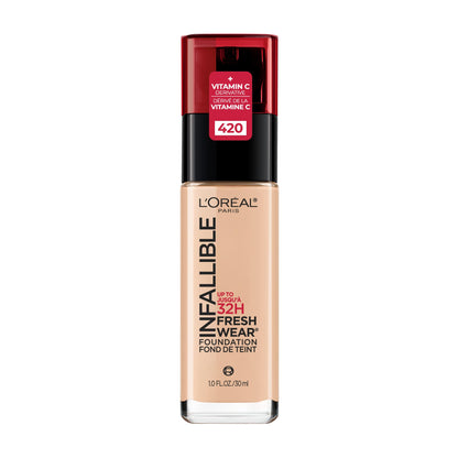 L'Oreal Paris Liquid Foundation, Full Coverage Foundation, Lasting Wear Makeup, With Vitamin C, Infallible Fresh Wear, Shade: 420 True Beige, Pack of 1