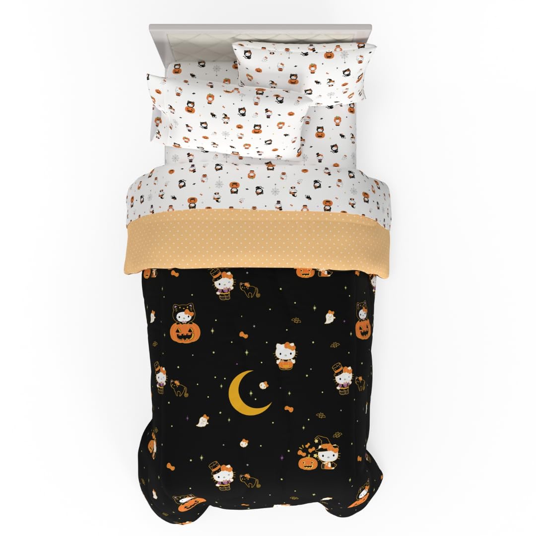 Parure de lit pour lit simple Sanrio Hello Kitty motif citrouille d'Halloween – Ensemble 4 pièces réversible, ultra doux et confortable (produit sous licence officielle) par Franco