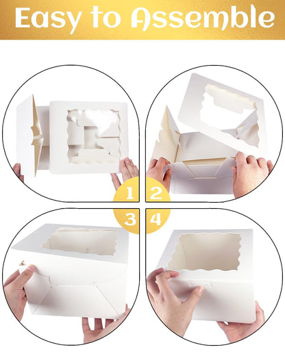 qiqee 10x10x5 Cake Box, 18 Sets White Cake Box with Window ＆ 18 Sets 10" White Cake Round Boards, 10inch Cake Containers & 10 Meters Gold Silk Ribbon 🍁 All In One Marketplace Canada