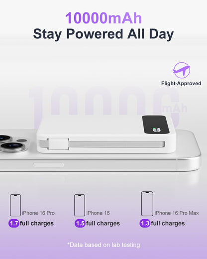 Magnetic Power Bank, 10,000mAh Wireless Portable Charger for Mag-Safe 15W Fast Charging, Battery Pack with USB-C/Lightning Cable 22.5W in/Out for iPhone 17/16/15/14/13/12 Series, AirPods & More - Available at All In One Marketplace Canada
