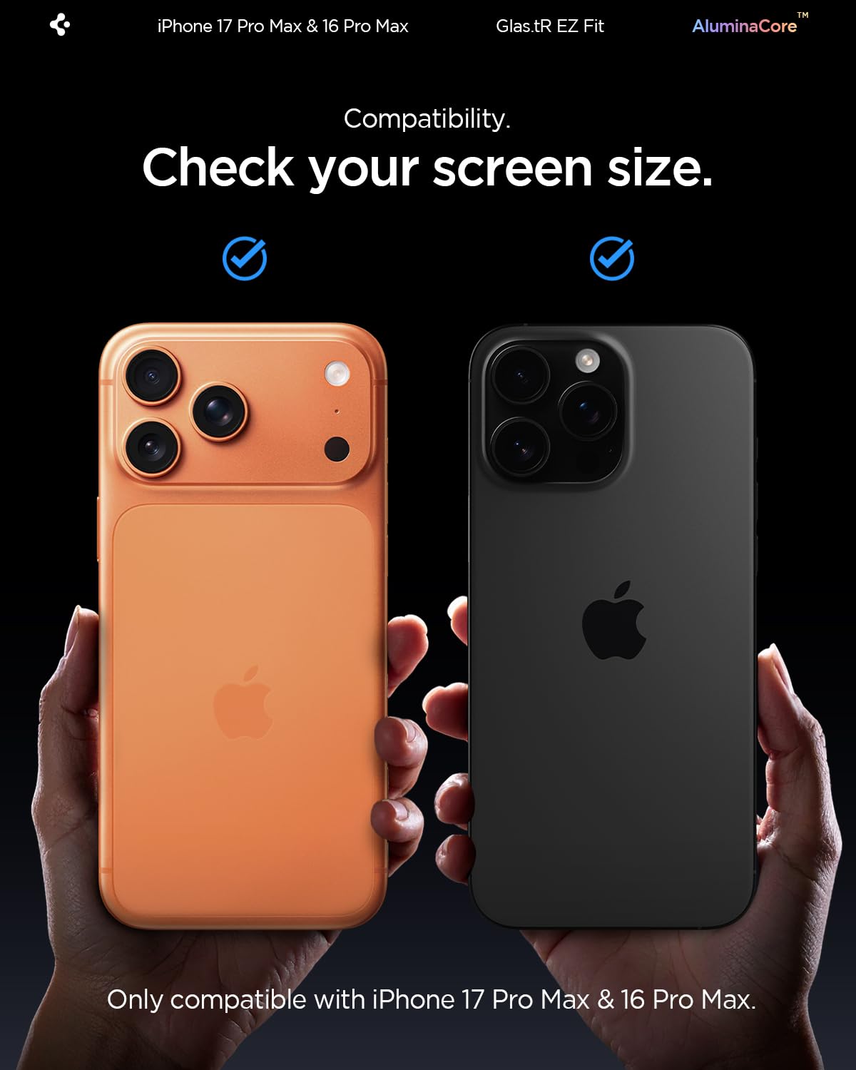Spigen AluminaCore Tempered Glass Screen Protector [Glas.tR EZ Fit] designed for iPhone 17 Pro Max | iPhone 16 Pro Max [2 Pack] 9H+ Hardness, Aluminum-Enhanced Durability - Available at All In One Marketplace Canada