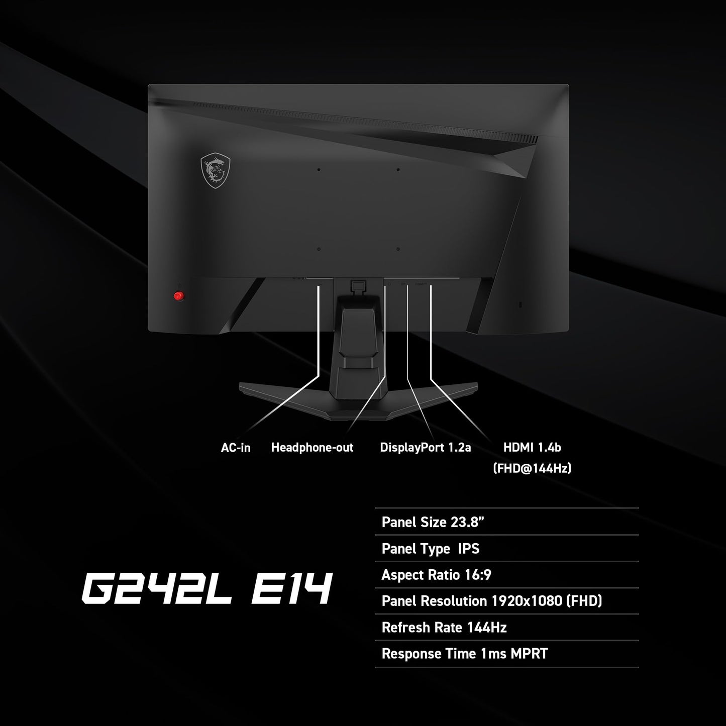 MSI G242L E14 24-inch 1920 x 1080 (FHD) Gaming Monitor, 144Hz, Adaptive-Synch, HDMI, DisplayPort, VESA Mountable, Tilt, Height Adjustable, Speaker, 1ms, Black MSI