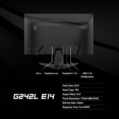 MSI G242L E14 24-inch 1920 x 1080 (FHD) Gaming Monitor, 144Hz, Adaptive-Synch, HDMI, DisplayPort, VESA Mountable, Tilt, Height Adjustable, Speaker, 1ms, Black MSI