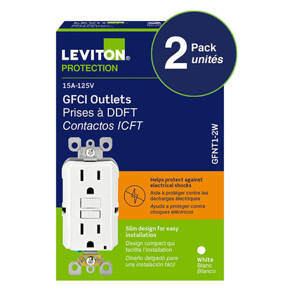 Leviton GFCI 2-Pack, 15 Amp Non Tamper Resistant Receptacle, Smartlock Pro Duplex, GFNT1-02W, White Leviton