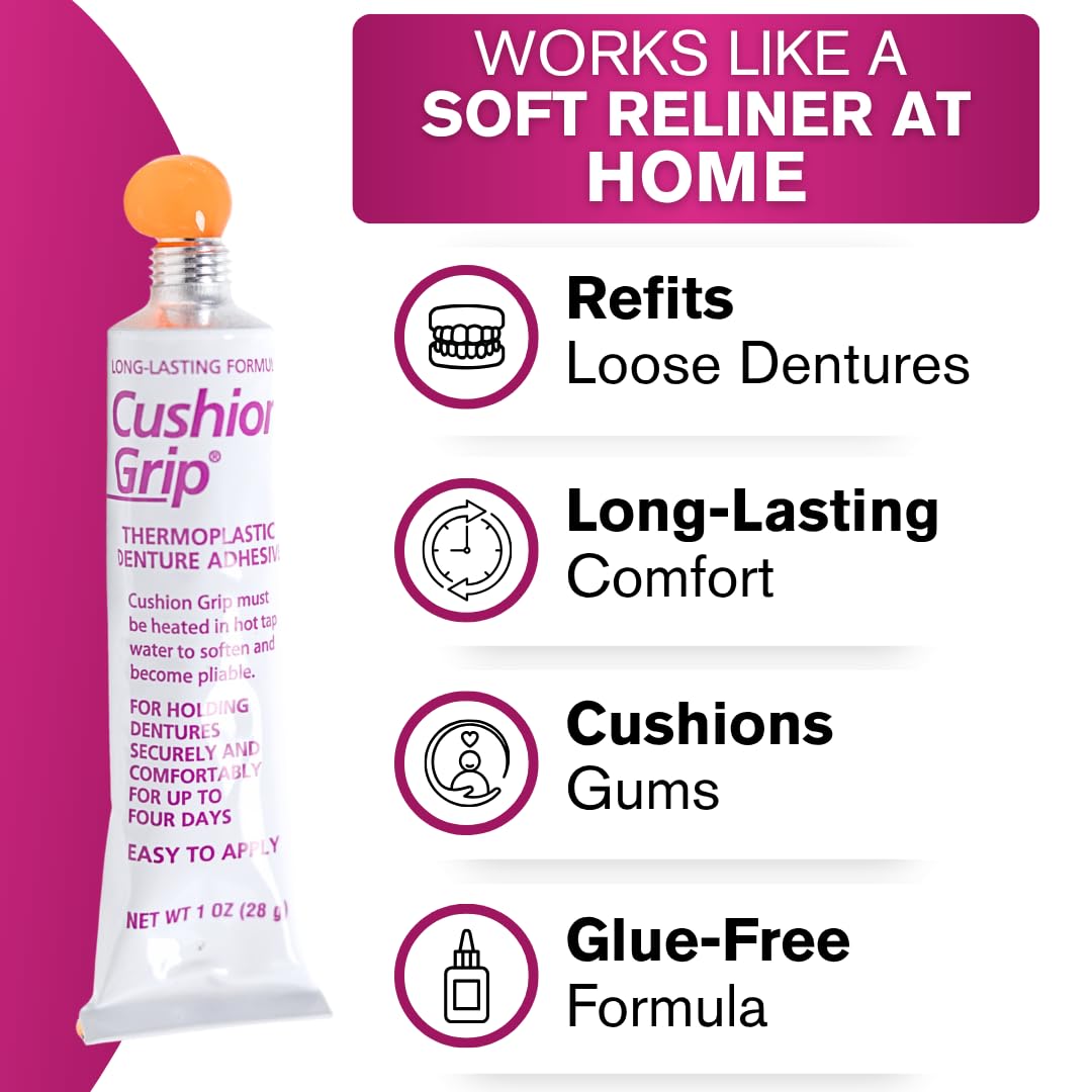 Cushion Grip Thermoplastic Denture Adhesive – Refits & Tightens Loose Dentures, Works Like a Denture Reliner for a Long-Lasting, Secure Fit, Cushions Gums, Waterproof & Zinc-Free - 1 oz - Available at All In One Marketplace Canada