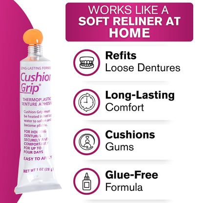 Cushion Grip Thermoplastic Denture Adhesive – Refits & Tightens Loose Dentures, Works Like a Denture Reliner for a Long-Lasting, Secure Fit, Cushions Gums, Waterproof & Zinc-Free - 1 oz - Available at All In One Marketplace Canada