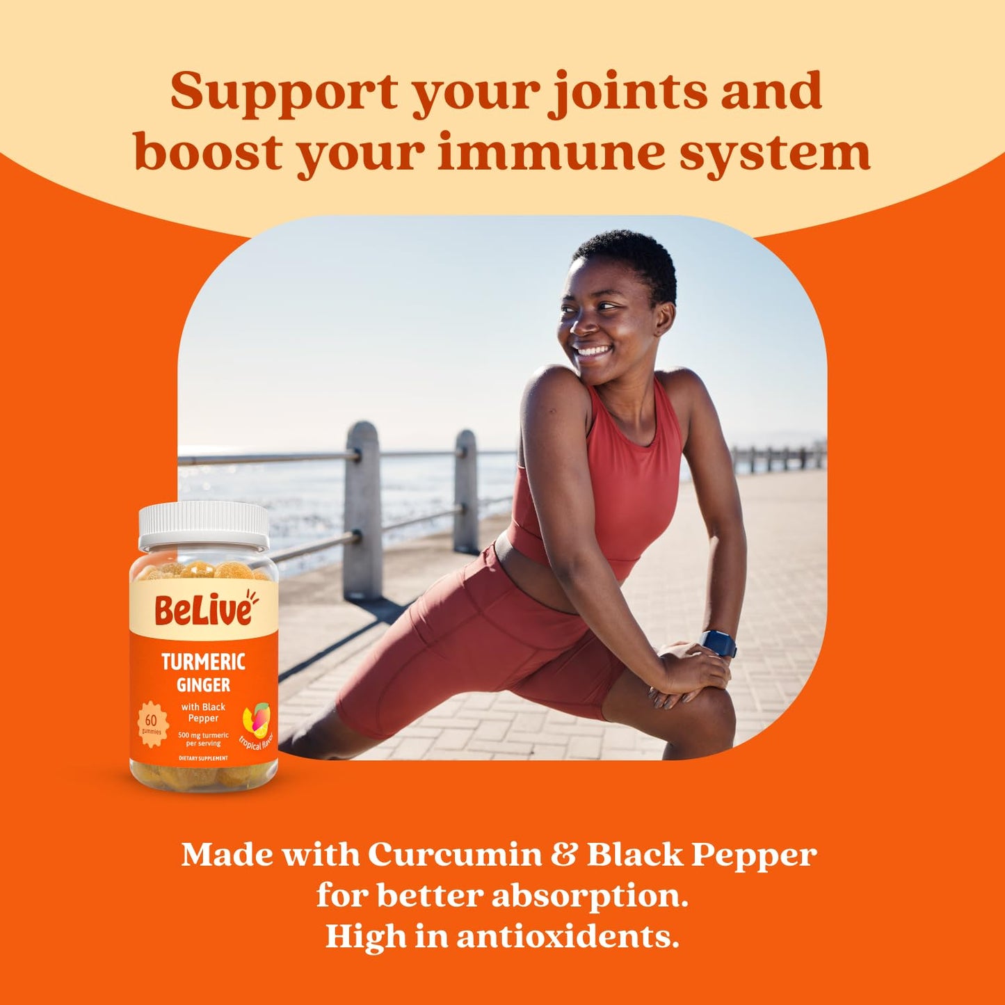 BeLive Turmeric Curcumin with Black Pepper & Ginger - 60 Gummies I Turmeric and Ginger Supplement for Immune Support, Healthy Skin, and Mobility - Tropical Flavor - Available at All In One Marketplace Canada