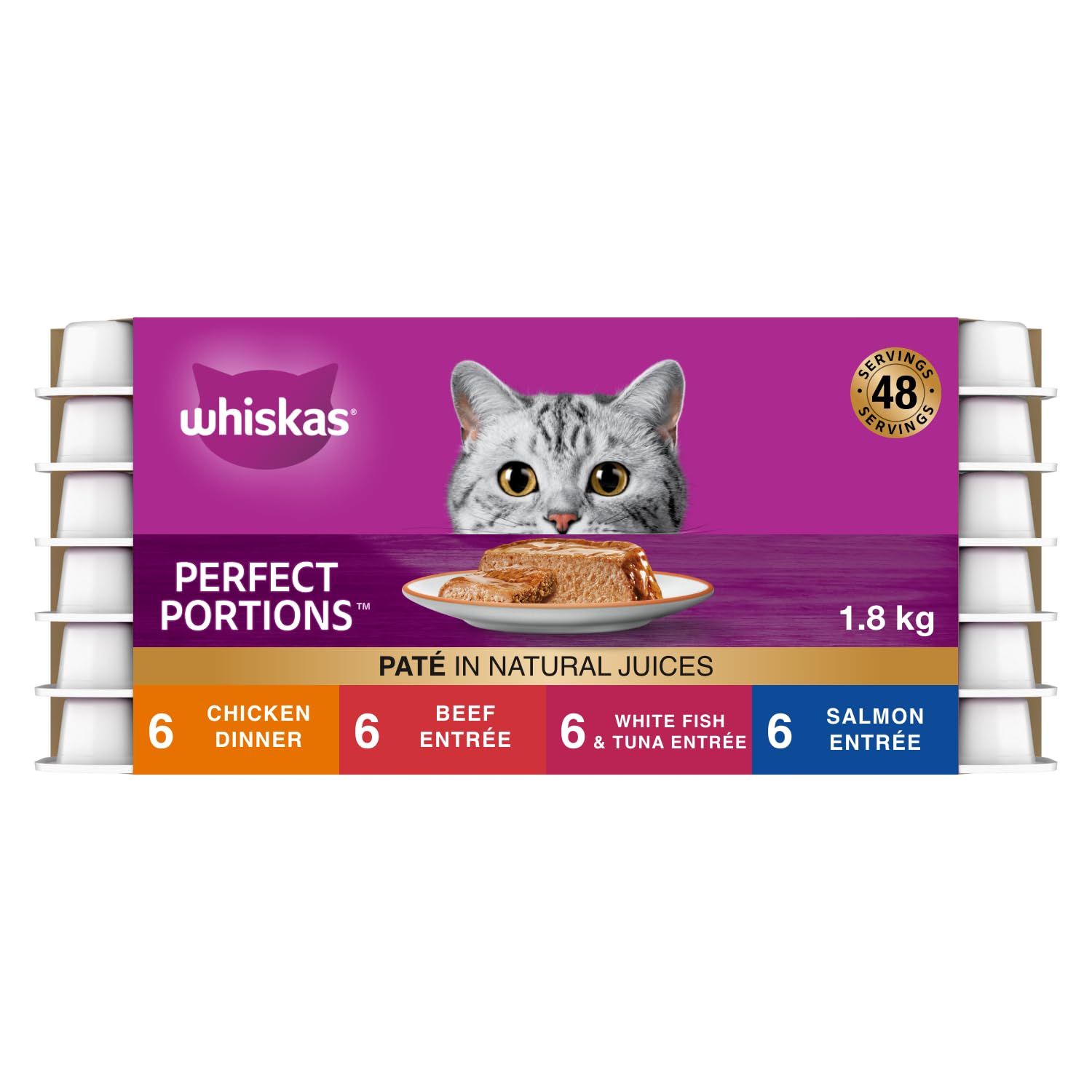 WHISKAS Perfect Portions Adult Wet Cat Food Paté - Chicken, Beef, Whitefish and Tuna, Salmon, 75g Trays (24 pack)