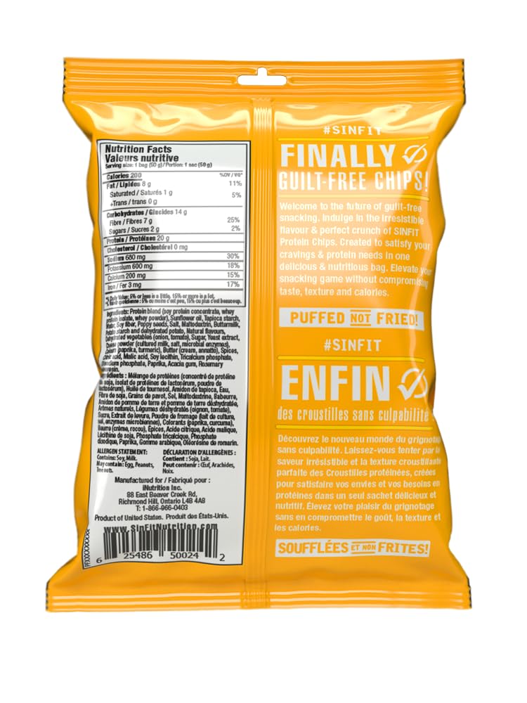 SinFit Protein Chips Nacho Cheese - 20g Protein, High Fiber, Low Carb, Gluten Free (7-Pack)