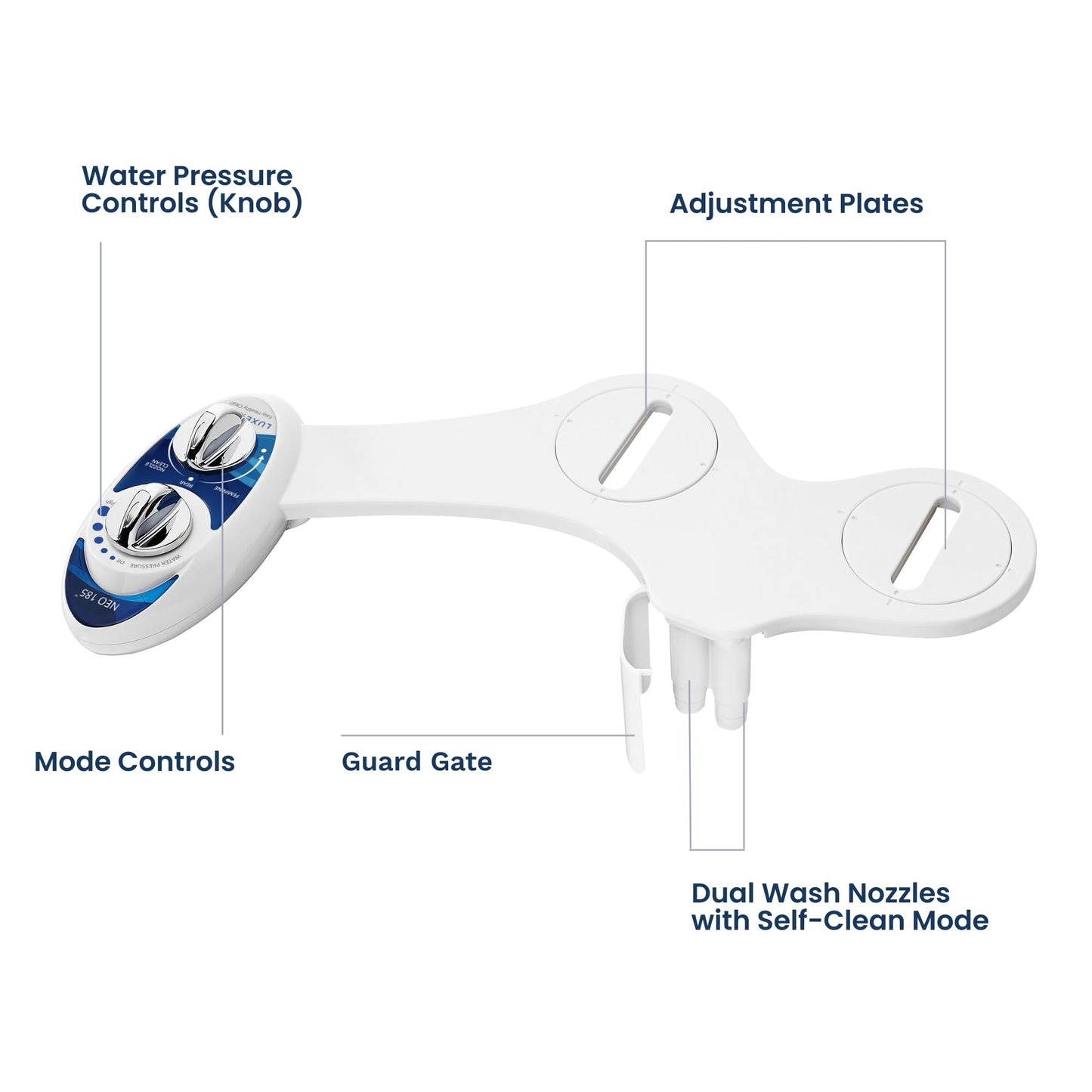LUXE Bidet NEO 185 - Dual Nozzle, Self-Cleaning, Non-Electric Bidet Attachment for Toilet Seat, Adjustable Water Pressure, Rear & Feminine Wash (Blue)