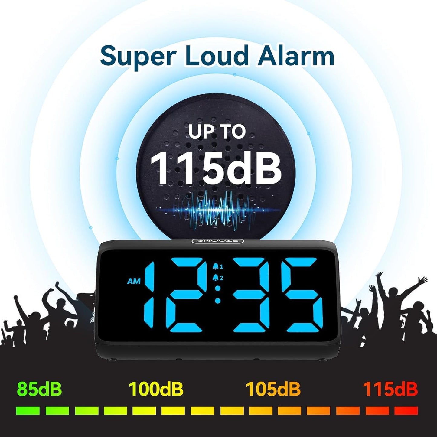 Netzu Loud Alarm Clocks for Bedrooms, Heavy Sleepers Alarm Clock with Dual Alarms, Bold Digits, 5 Dimmers, 4 Volumes, Snooze, Bedside Clock for Deep Sleepers Kids Teens Seniors, Plug in Clock