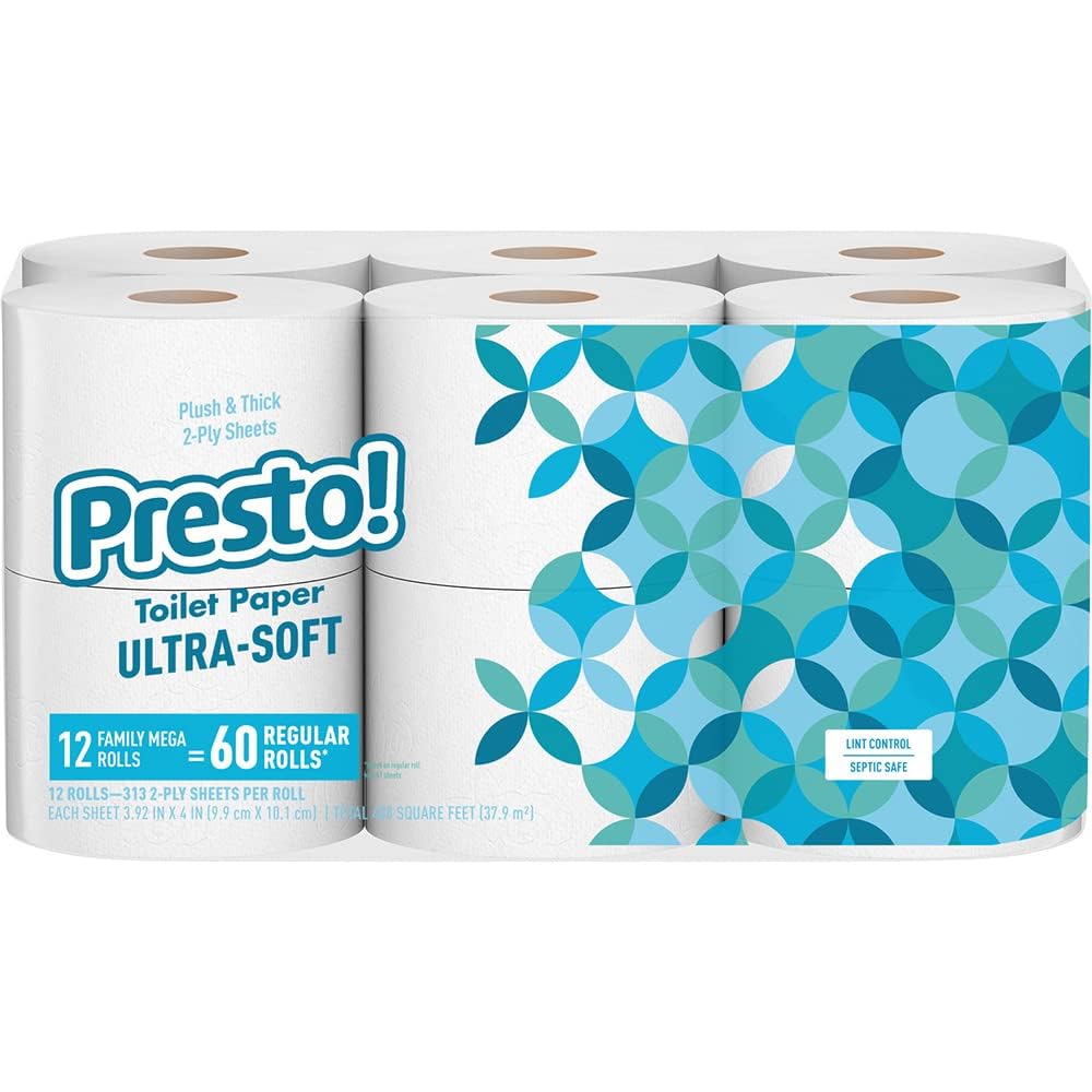 Amazon Brand - Presto! 313 Sheet Mega Roll Toilet Paper, Ultra-Soft, Pack of 12, 12 Family Mega Rolls Equivalent to 60 Regular Rolls, White Presto!