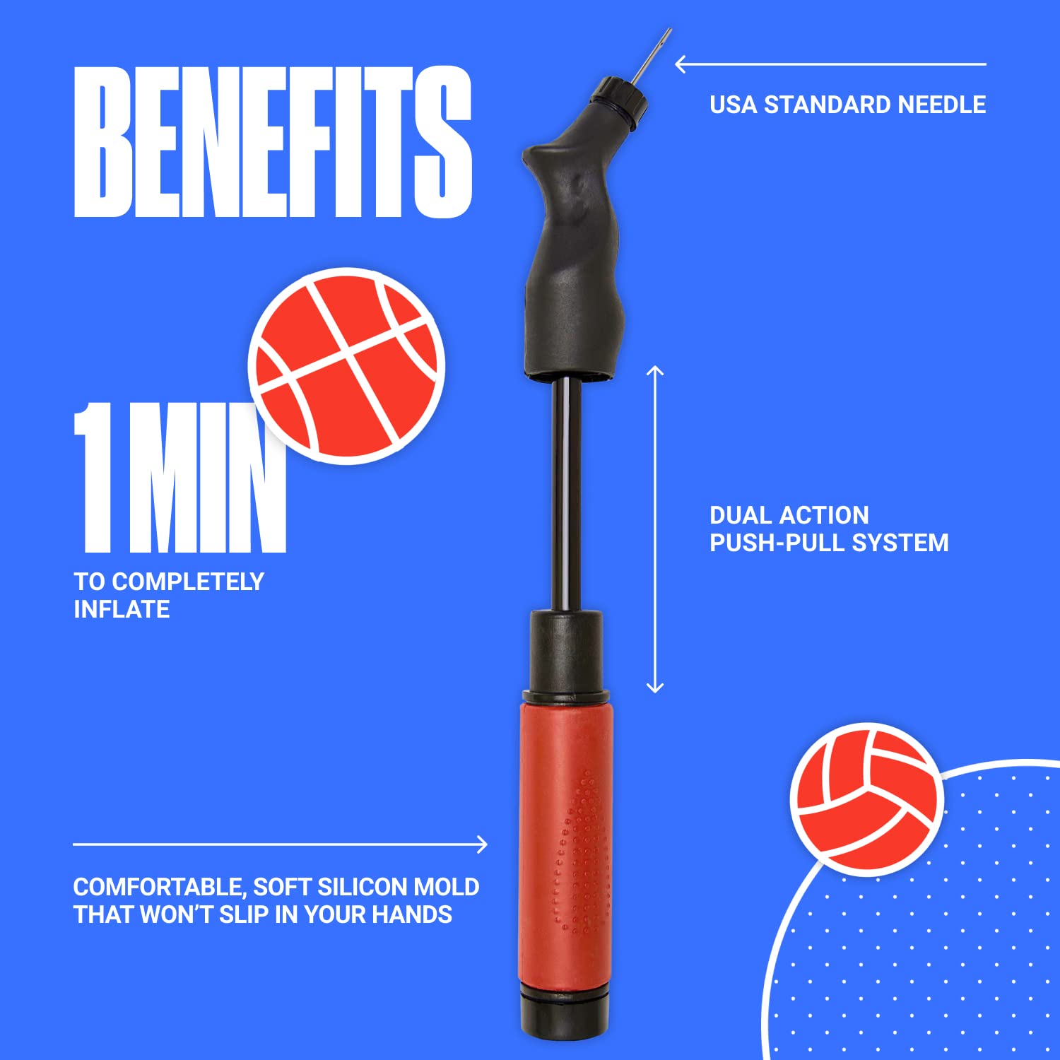 SPORTBIT Ball Pump for Sports Balls - Basketball Pump, Volleyball Pump, Football & Soccer Ball Air Pump - Hand Pump for All Sport Balls - Push & Pull Inflating System - Goes with 5 Needles Set
