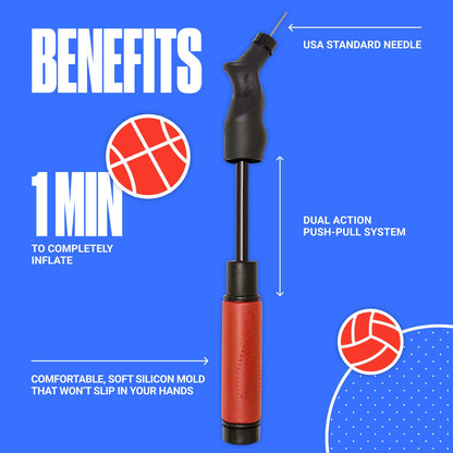 SPORTBIT Ball Pump for Sports Balls - Basketball Pump, Volleyball Pump, Football & Soccer Ball Air Pump - Hand Pump for All Sport Balls - Push & Pull Inflating System - Goes with 5 Needles Set