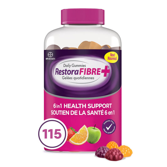 RestoraLAX RestoraFIBRE+ 6 in 1 Daily Prebiotic Fibre Supplement Gummies for Adults, Supports Health Benefits, including Regularity, Gentle Constipation Relief & Healthy Immune Function with Naturally Sourced Inulin (115 ea) - Available at All In One Marketplace Canada
