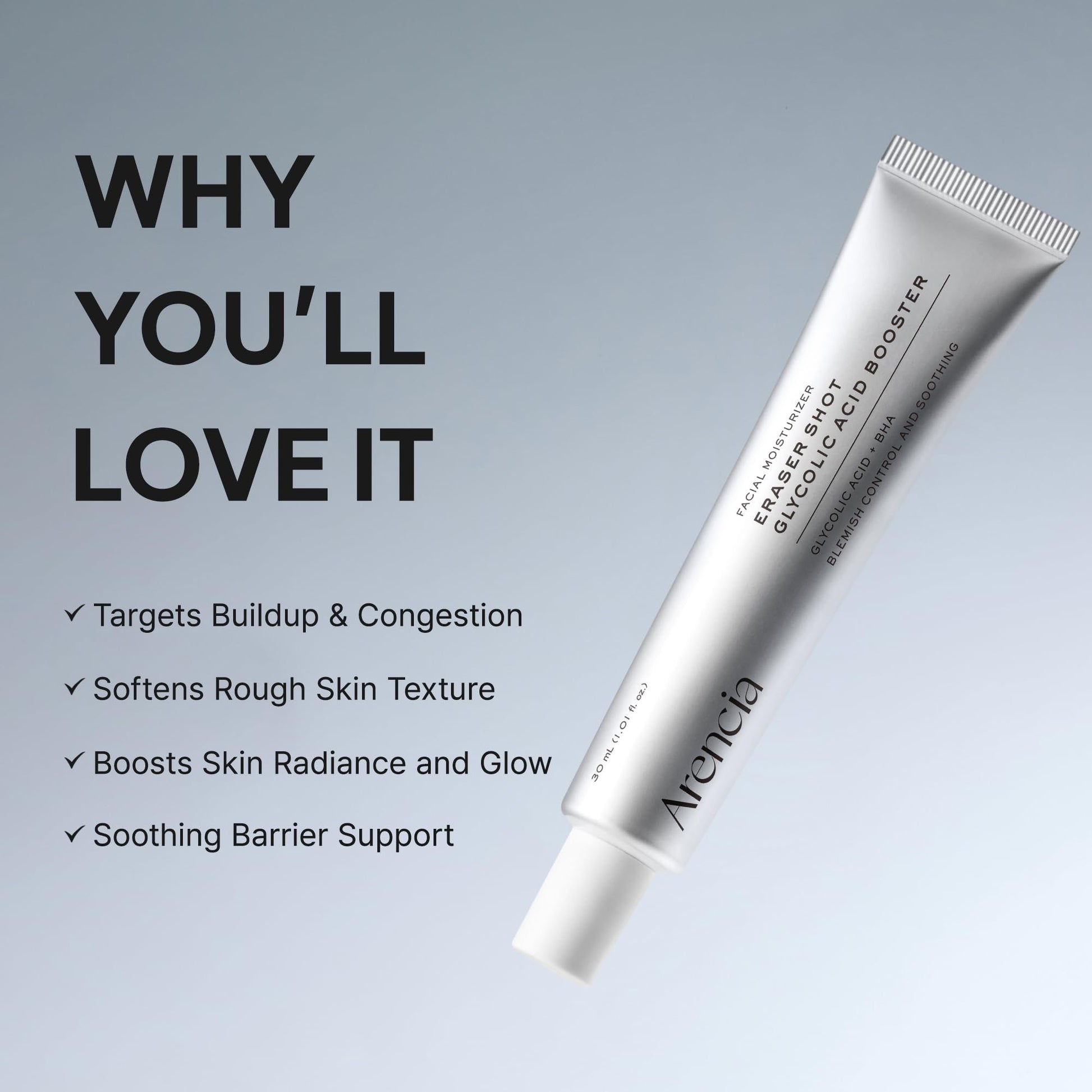 Arencia Eraser Serum Glycolic Acid Booster with AHA BHA, Exfoliating Face Serum for Acne-Prone Skin, Pore Care & Texture Refining, Lightweight Daily Skincare, 30 mL - Available at All In One Marketplace Canada