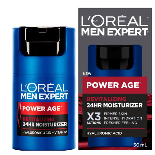 L'Oréal Paris Men Expert 24 HR Hydrating Moisturizer for Men with Hyaluronic Acid and Vitamins, Fights Signs of Aging, Power Age, Packaging May Vary, 50 mL - Available at All In One Marketplace Canada