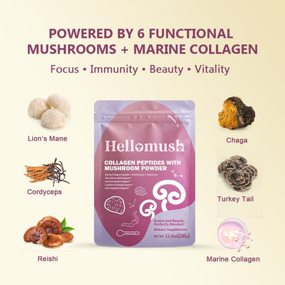 Hellomush Marine Collagen Peptides with Functional Mushroom Blend - 330g
