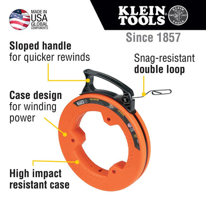 Klein Tools 56331 50-Foot Electrical Fish Tape, Steel Wire Puller with Double Loop Tip, Optimized Housing and Handle, 1/8-Inch,Orange/Black KLEIN TOOLS