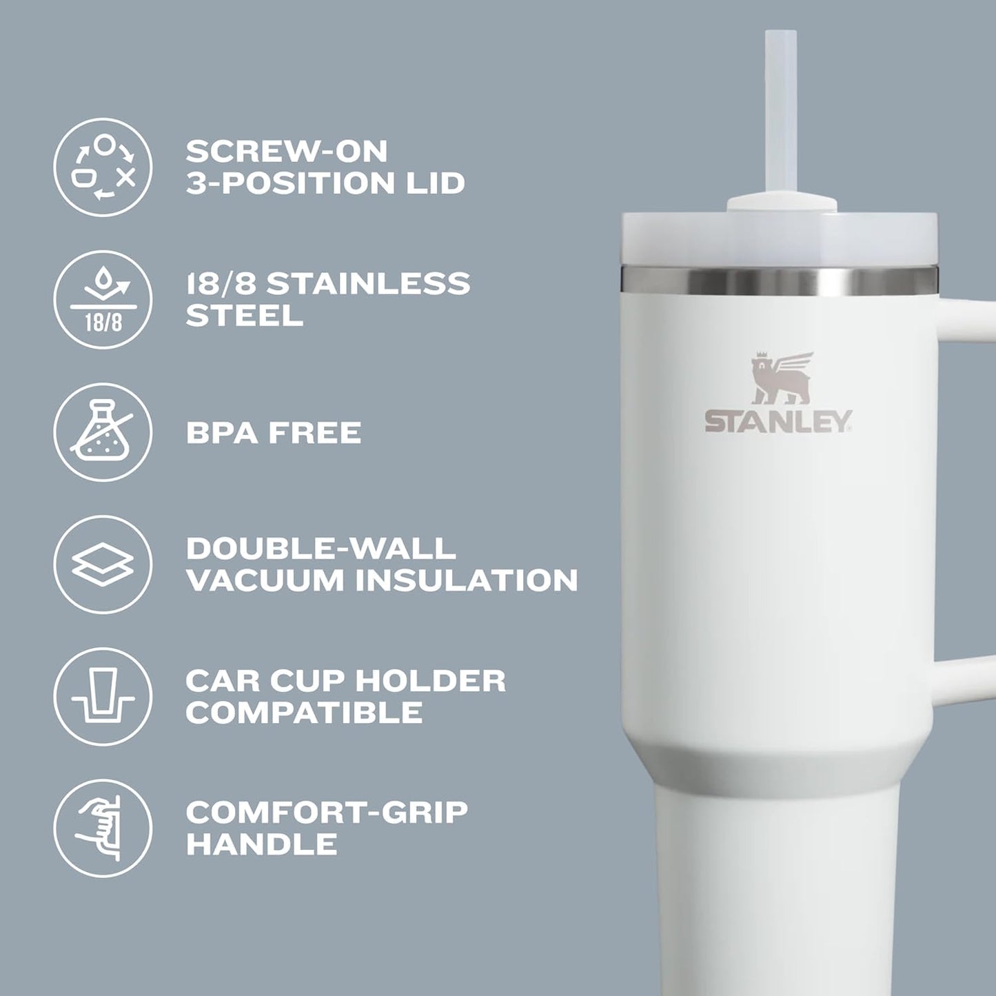 Stanley Quencher H2.0 Tumbler with Handle and Straw 30 oz Flowstate 3-Position Lid Cup Holder Compatible for Travel Insulated Stainless Steel Cup BPA-Free Cream Royal