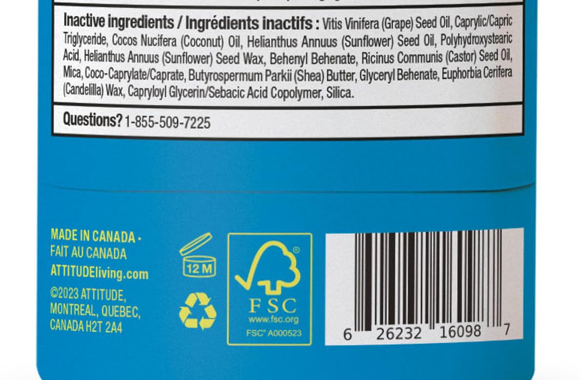 ATTITUDE Mineral Sunscreen Stick for Kids, SPF 30, Made in Canada, EWG Verified,Plastic-Free, Broad Spectrum UVA/UVB Protection with Zinc Oxide, Dermatologically Tested, Vegan, Unscented, 60 grams ATTITUDE